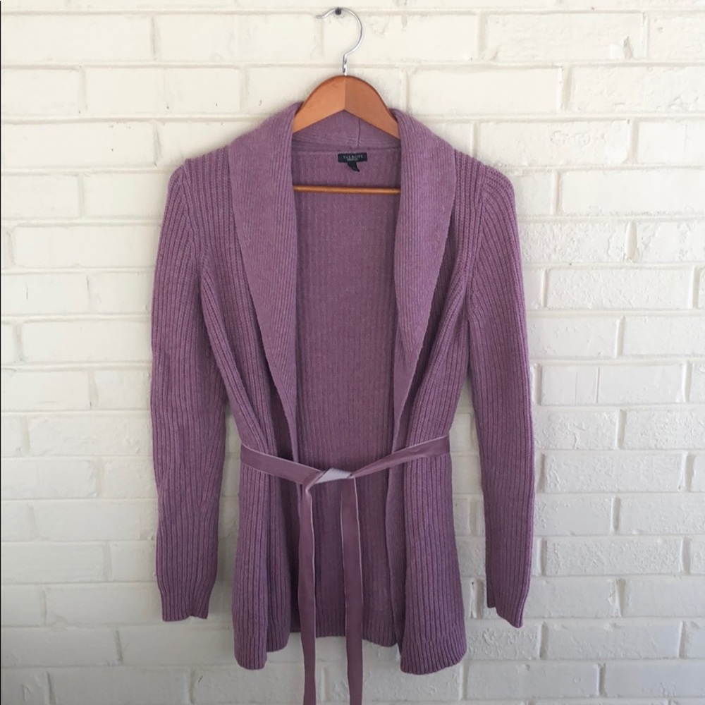 Talbots Heavy Knit Purple Open Cardigan Velvet Belt Tie Cozy Soft Girl Sweater S